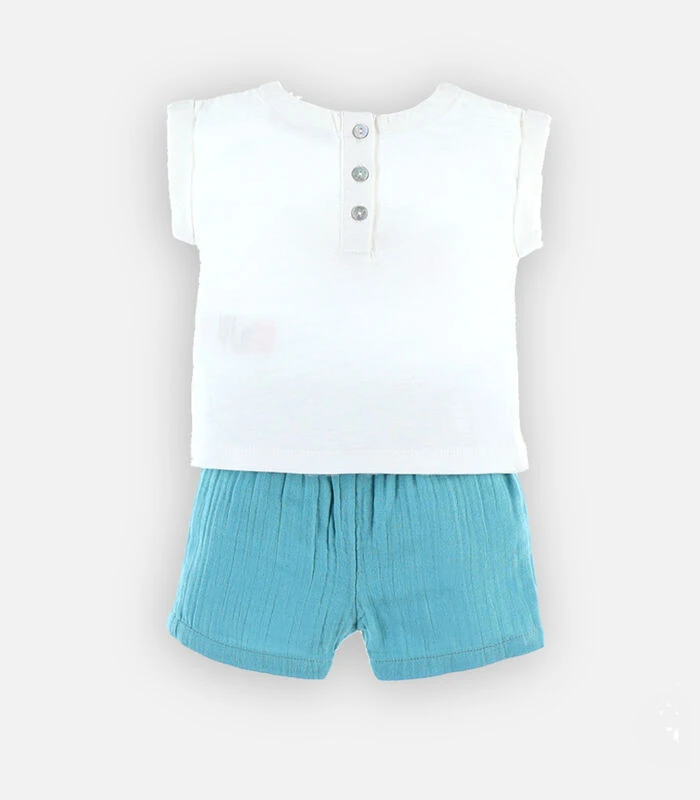 Bio Katoenen T-shirt + Short Set, Ecru/aqua 3 Bio Katoenen T-shirt + Short Set, Ecru/aqua - Afbeelding 3