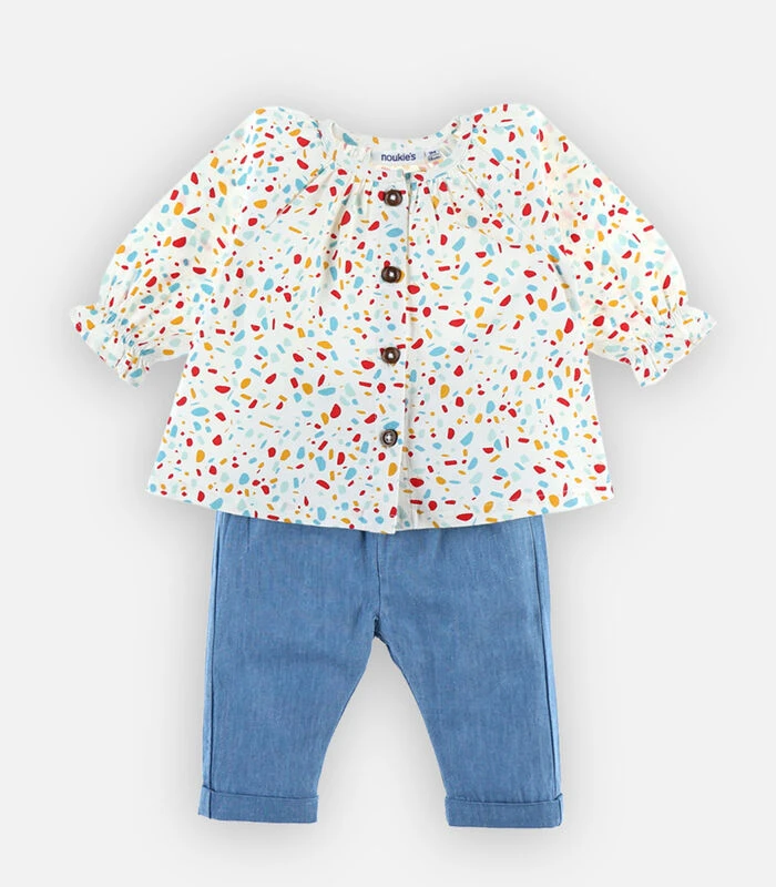 Bedrukte Bloes + Denim Jegging Set, Ecru 4 Bedrukte Bloes + Denim Jegging Set, Ecru - Afbeelding 4