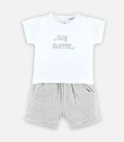 Ecru T-shirt En Gestreepte Katoen Short Set