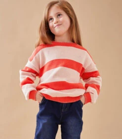 Gebreide Gestreepte Trui, Aardbeirood/lichtroos