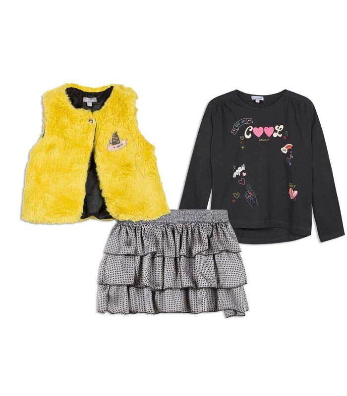 3-delige Set T-shirt Vest En Rok Met Ruches 1 3-delige Set T-shirt Vest En Rok Met Ruches