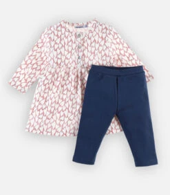 Katoenen Jurk + Donkerblauwe Legging Set, Ecru En Roos