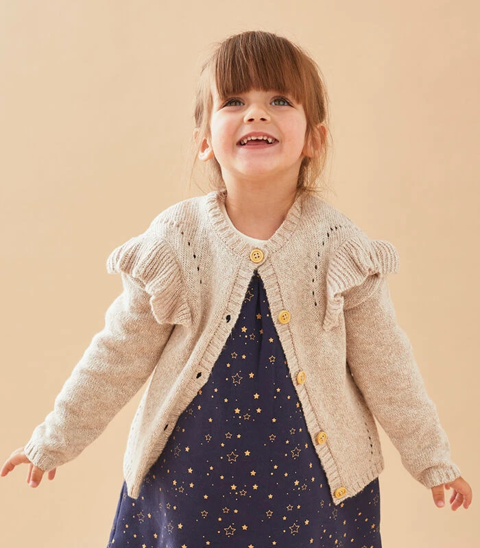 Gebreide Cardigan Met Ruches, Beige 1 Gebreide Cardigan Met Ruches, Beige