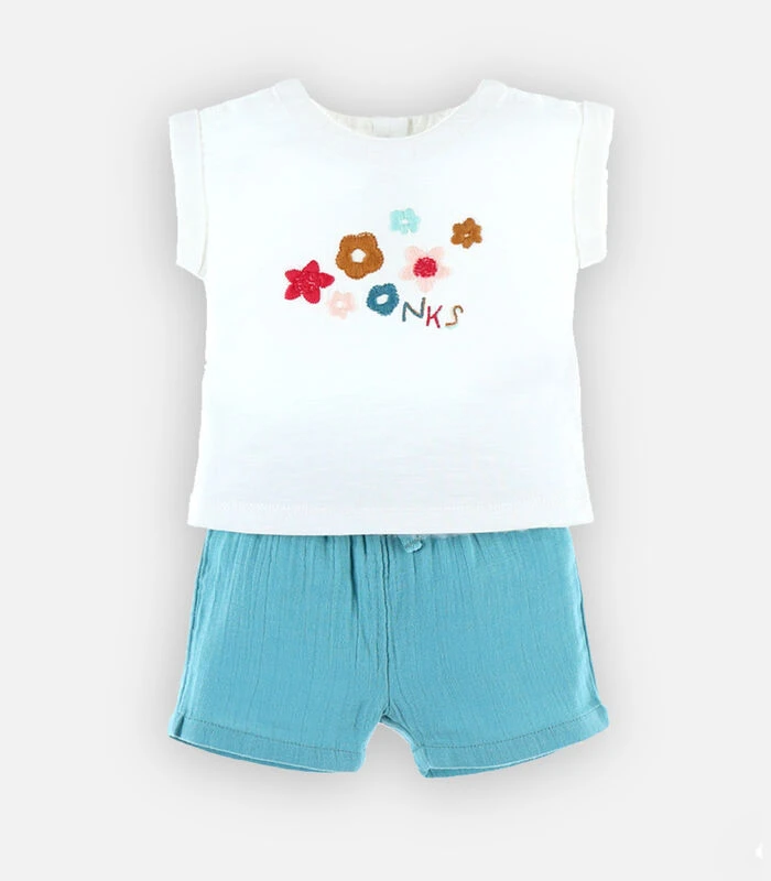 Bio Katoenen T-shirt + Short Set, Ecru/aqua 2 Bio Katoenen T-shirt + Short Set, Ecru/aqua - Afbeelding 2