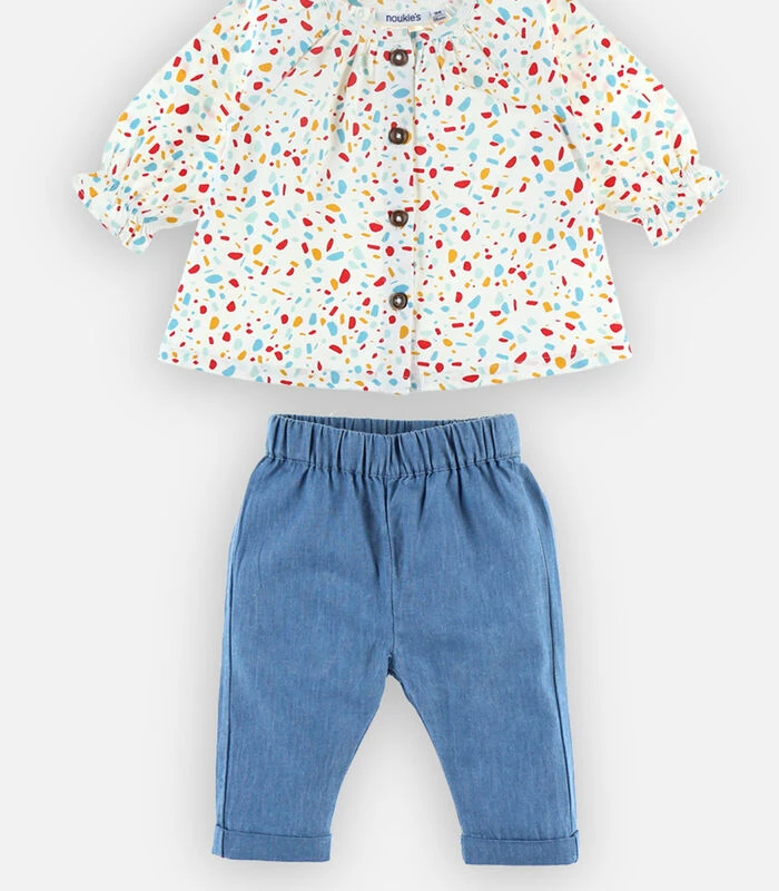 Bedrukte Bloes + Denim Jegging Set, Ecru 3 Bedrukte Bloes + Denim Jegging Set, Ecru - Afbeelding 3