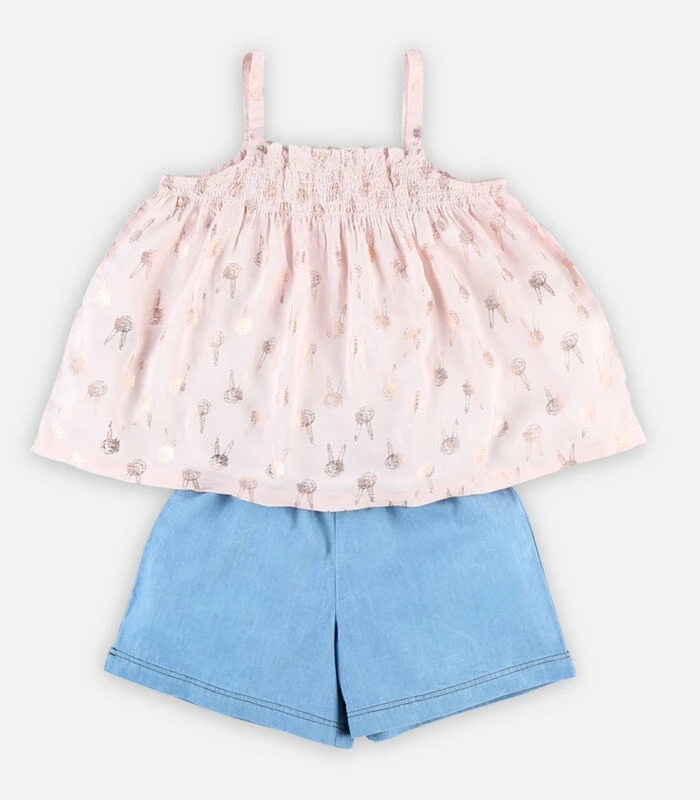 Roze Bloes En Denim Short Set 1 Roze Bloes En Denim Short Set