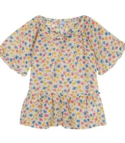 Veelkleurig Bedrukte Blouse Met Korte Mouwen