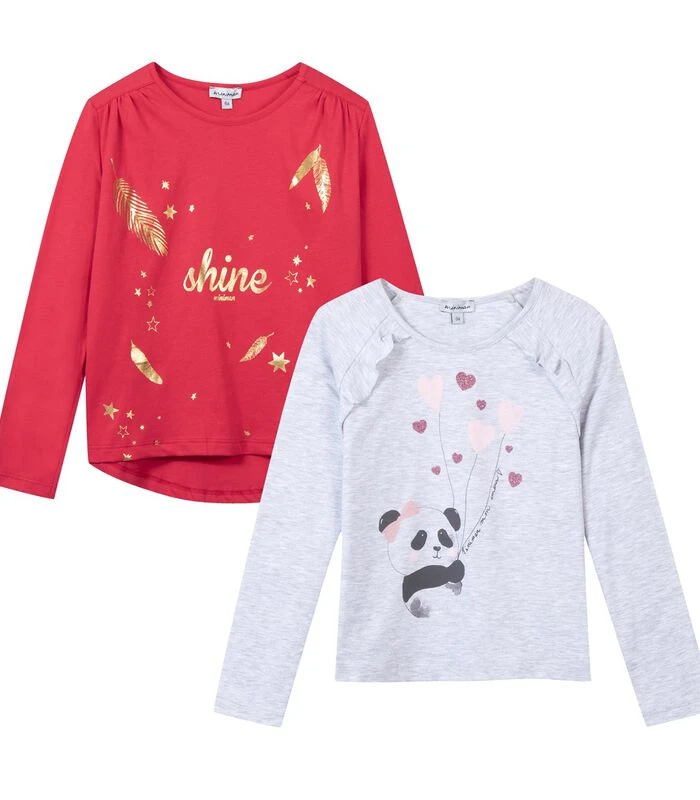 Set 2 T-shirts Met Lange Mouwen En Fantasieopdruk 1 Set 2 T-shirts Met Lange Mouwen En Fantasieopdruk