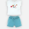 Bio Katoenen T-shirt + Short Set, Ecru/aqua