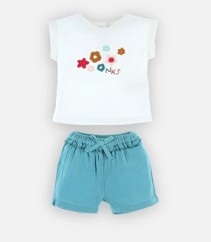 Bio Katoenen T-shirt + Short Set, Ecru/aqua 1 Bio Katoenen T-shirt + Short Set, Ecru/aqua