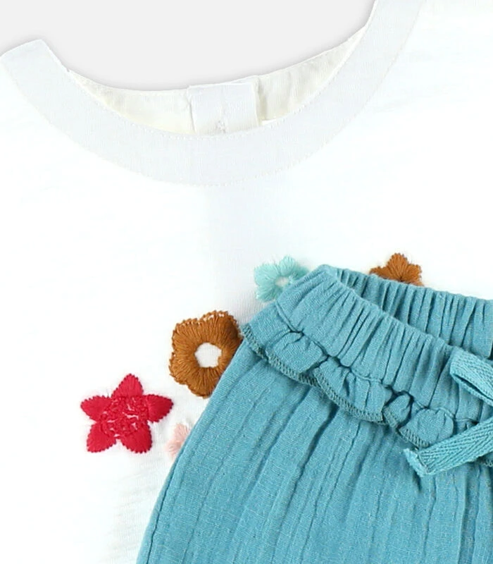 Bio Katoenen T-shirt + Short Set, Ecru/aqua 4 Bio Katoenen T-shirt + Short Set, Ecru/aqua - Afbeelding 4