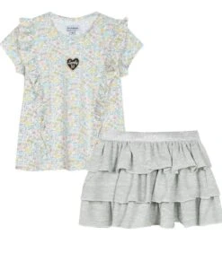 2-delig Setje Met Klein Bloemetjes T-shirt En Rokje Met Ruches
