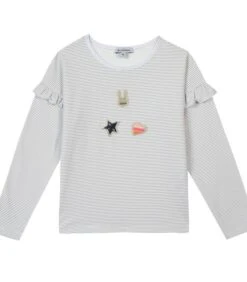 Oeko-Tex Gestreept T-shirt Met Lange Mouwen En Ruches